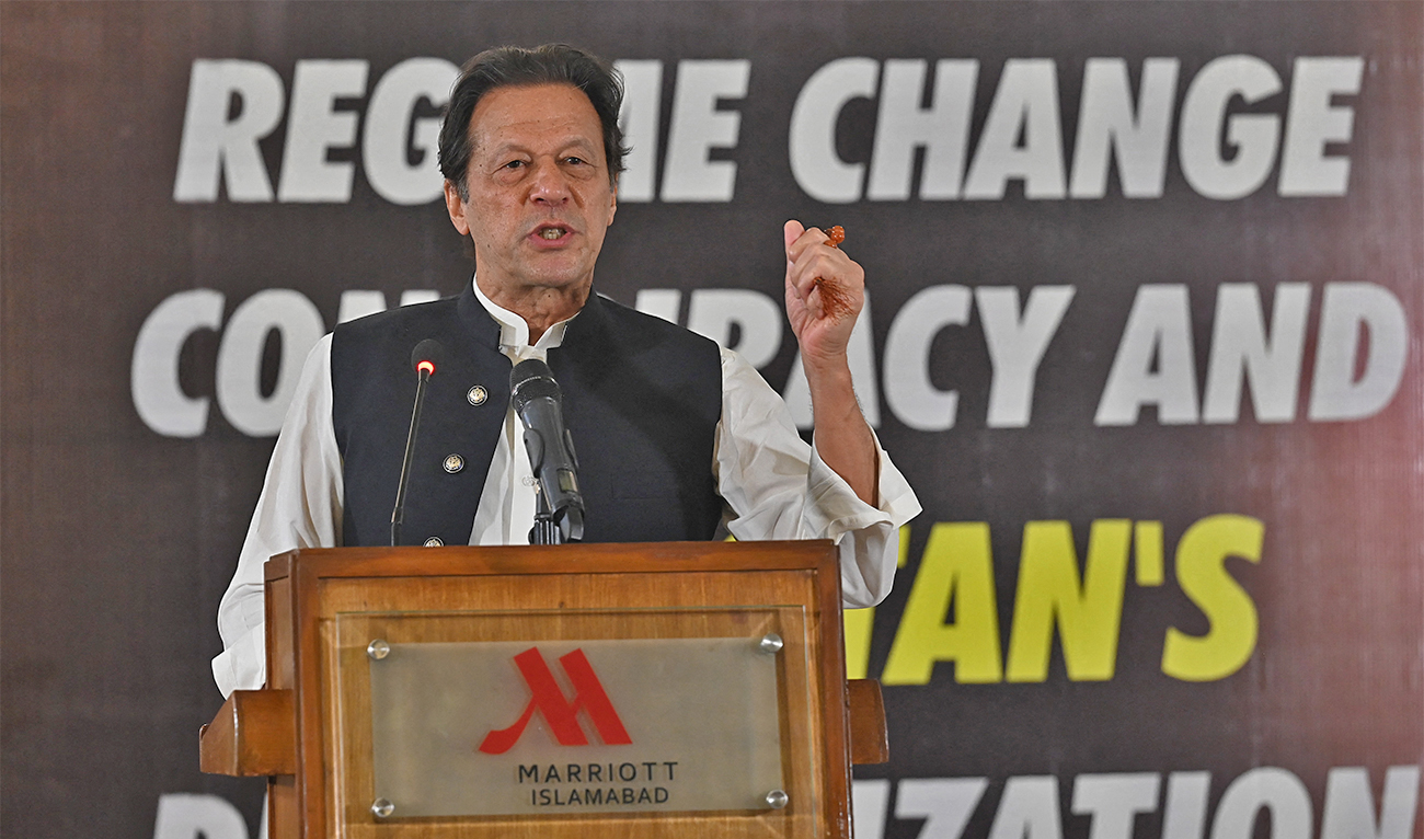 Ousted Pakistan's prime minister Imran Khan addresses an event on "Regime Change Conspiracy and Pakistans Destabilisation" in Islamabad, Pakistan, on June 22, 2022. (AFP/File)