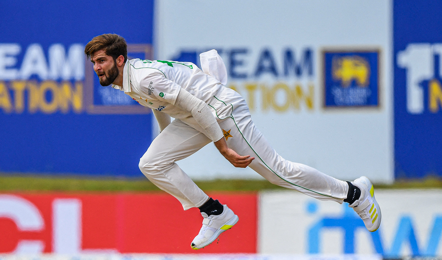 Pakistan’s Shaheen Shah Afridi bowls during the first day of the first cricket Test match between Sri Lanka and Pakistan at the Galle International Cricket Stadium in Galle on July 16, 2022. (AFP)