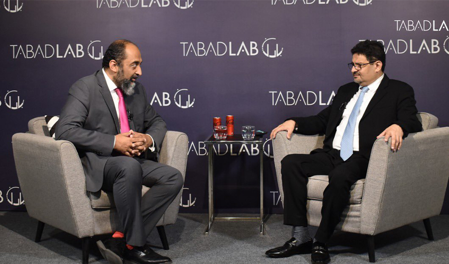 Pakistan's Finance Minister Miftah Ismail (R) speak during a live discussion with Tabadlab, a local think tank on July 26, 2022. (Twitter/Tabadlab)