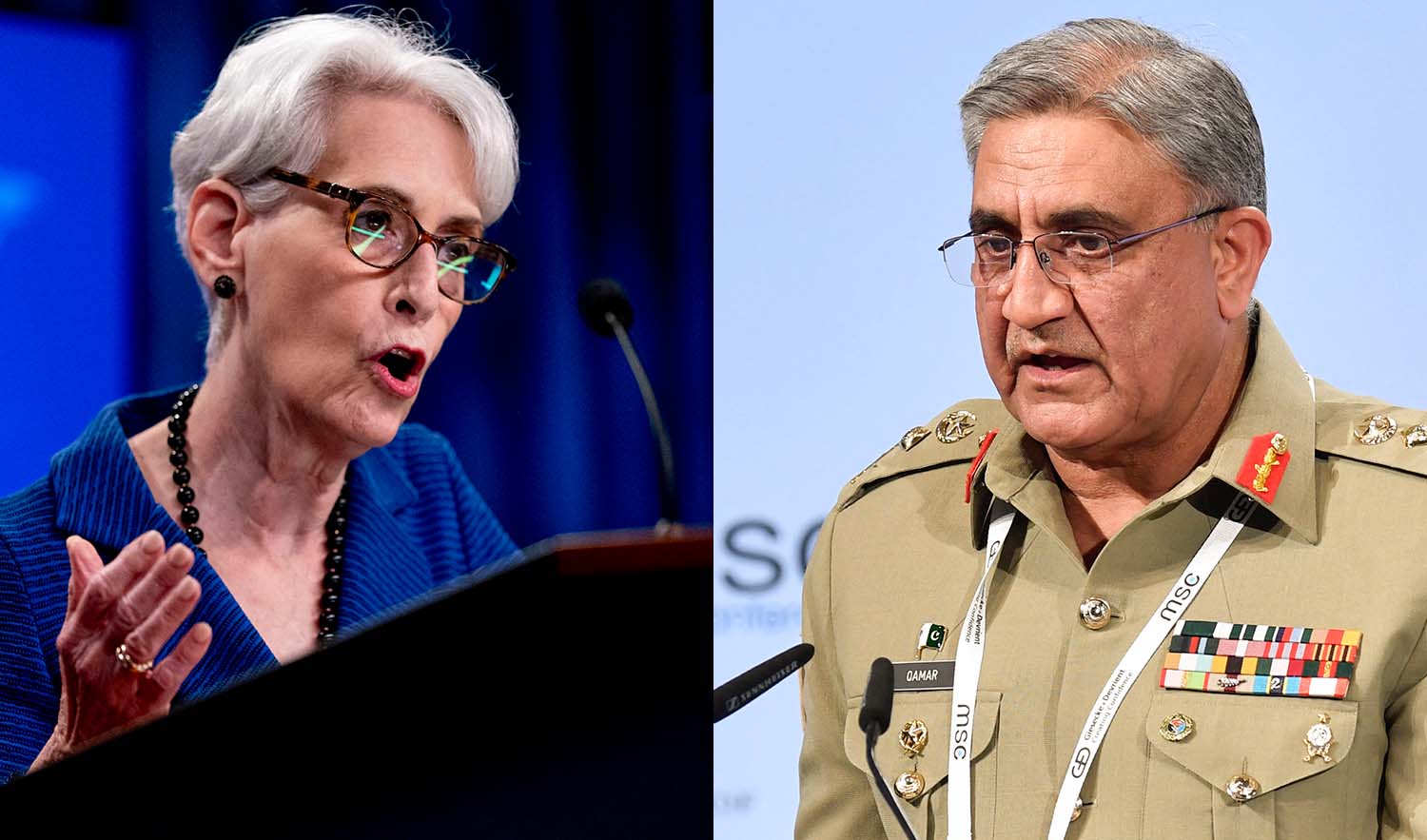 The combination of file photos shows US Deputy Secretary of State Wendy Sherman, left, and Pakistan's army chief General Qamar Javed Bajwa. (AFP photos)