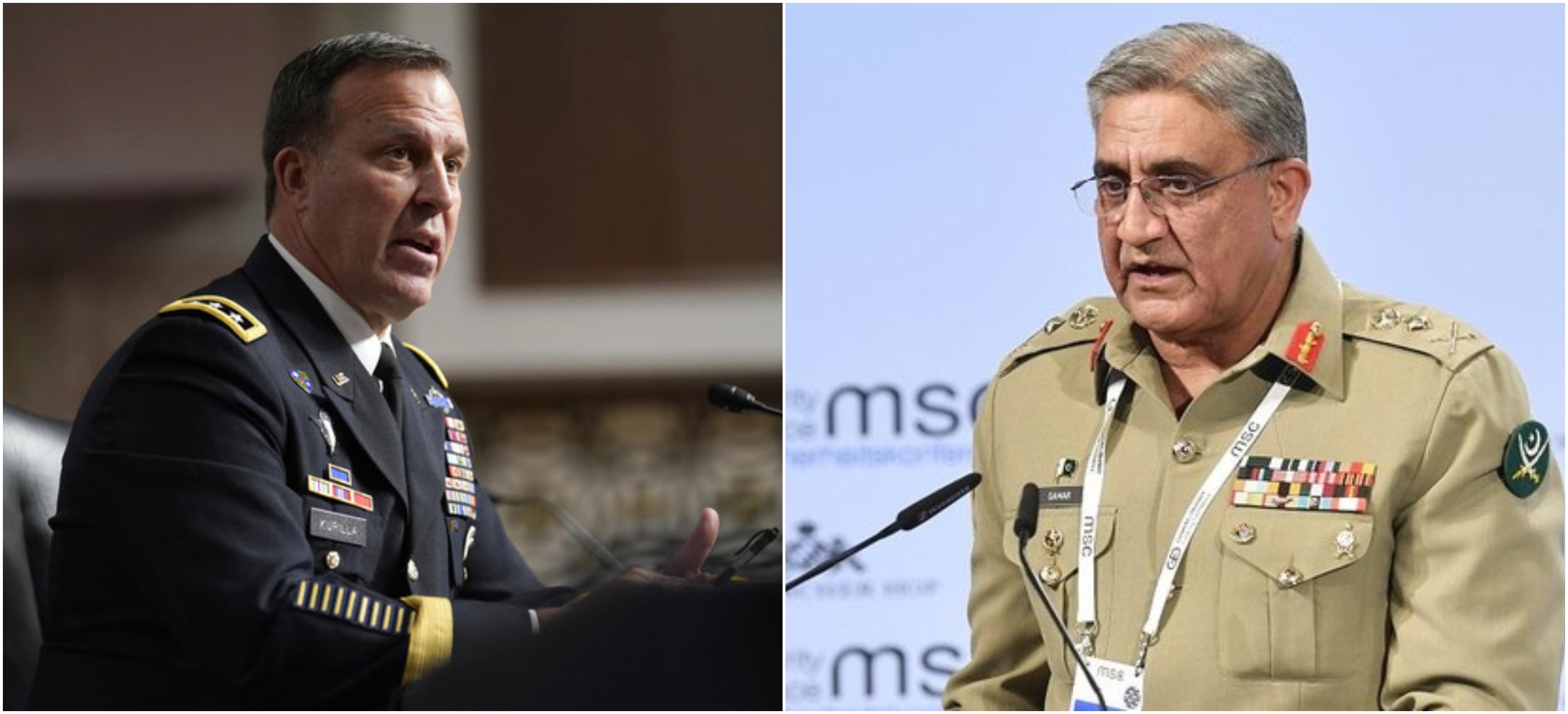 This combination of photos shows Pakistan’s Army Chief General Qamar Javed Bajwa (R) and States Central Command (CENTCOM) Commander Gen. Michael Erik Kurilla. (AFP/AP)