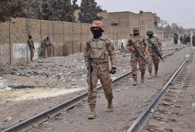 Pakistani paramilitary soldiers patrol near the site of an attack by gunmen on policemen in Quetta, Pakistan, on February 14, 2018. (AFP/File)
