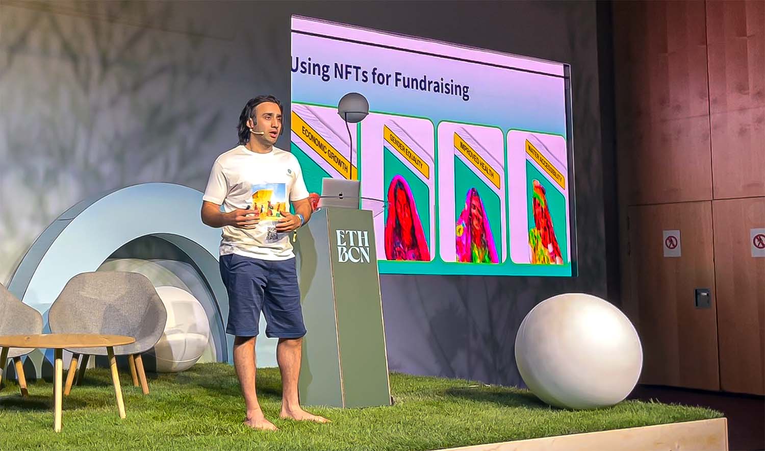 Bilal Bin Saqib, the founder and chief executive officer (CEO) of Tayaba Organisation, the first entity raising funds for charity through blockchain-based Non-Fungible Token (NFT) technology, speaks about NFTs for social good at the ETH conference in Barcelona, Spain, held in the first week of July. (Photo courtesy: Tayaba Organisation)