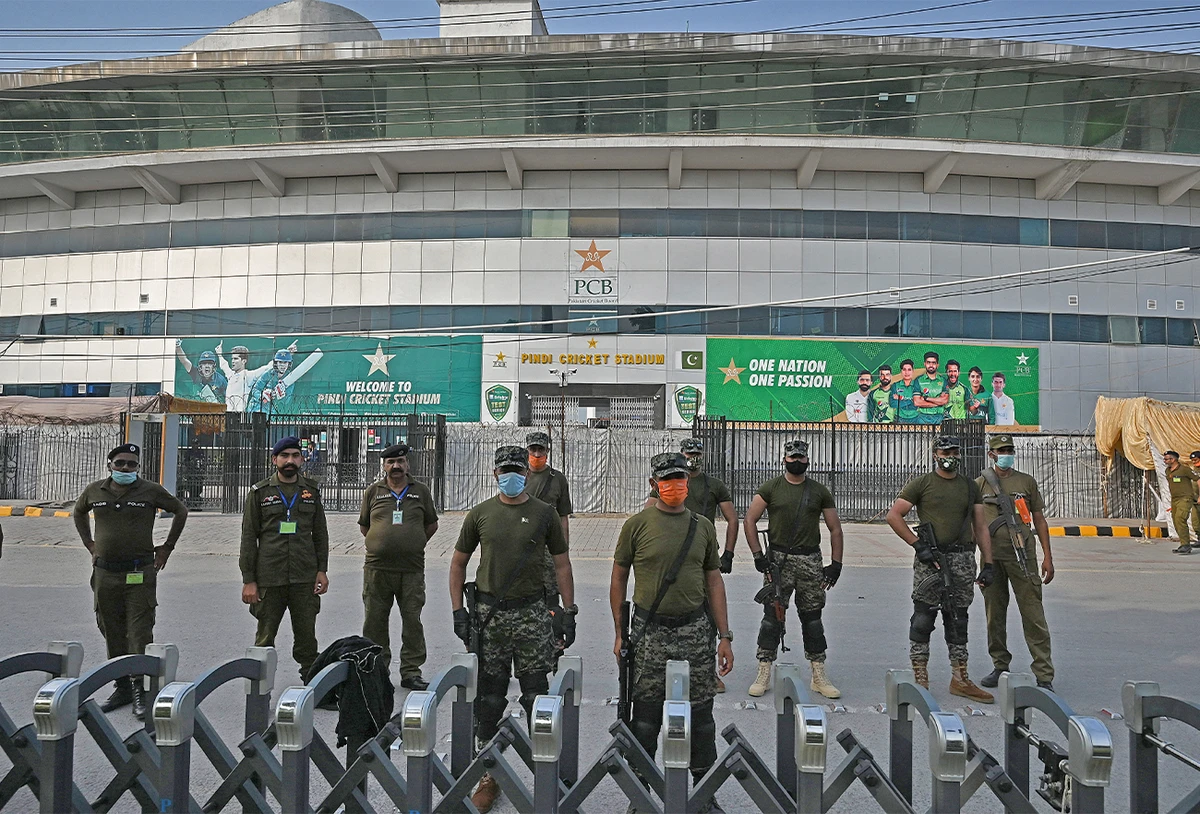 Policemen stand guard outside the Rawalpindi Cricket Stadium in Rawalpindi on September 17, 2021. (AFP/File)