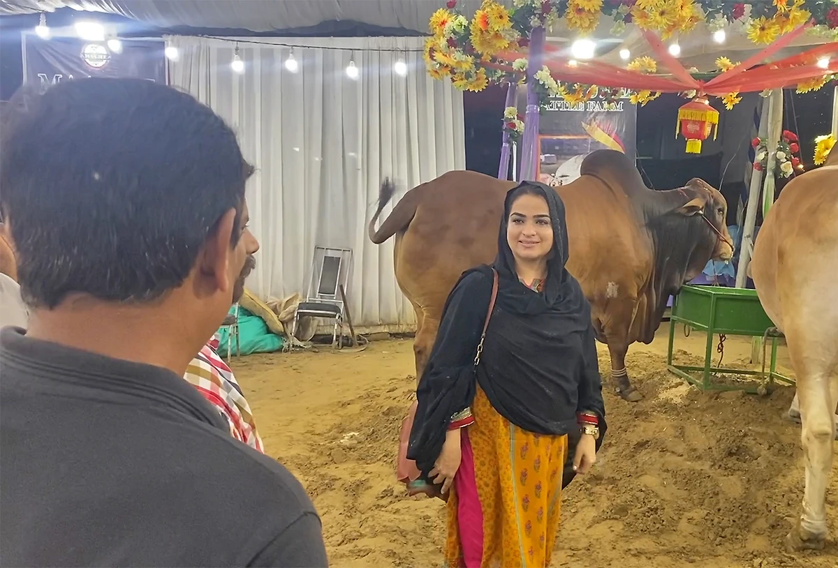 A woman cattle trader Sidra Khan speaks to customers in Karachi, Pakistan, on July 4, 2022. (AN Photo)