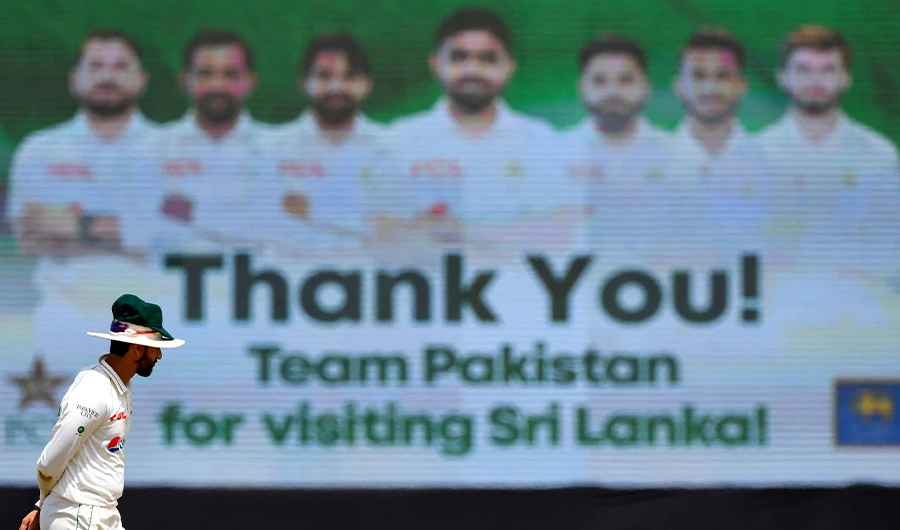 Pakistan’s Agha Salman fields during the first day of the first cricket Test match between Sri Lanka and Pakistan at the Galle International Cricket Stadium in Galle on July 16, 2022. (AFP)