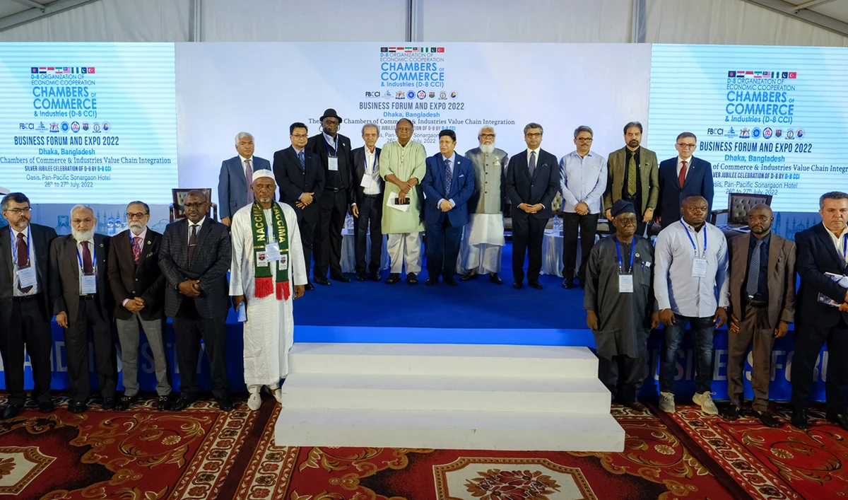 Business leaders and officials from eight developing nations stand for a photograph during the D-8 Chambers of Commerce and Industry Business Forum in Dhaka, Bangladesh, Tuesday, July 26, 2022. (AP)