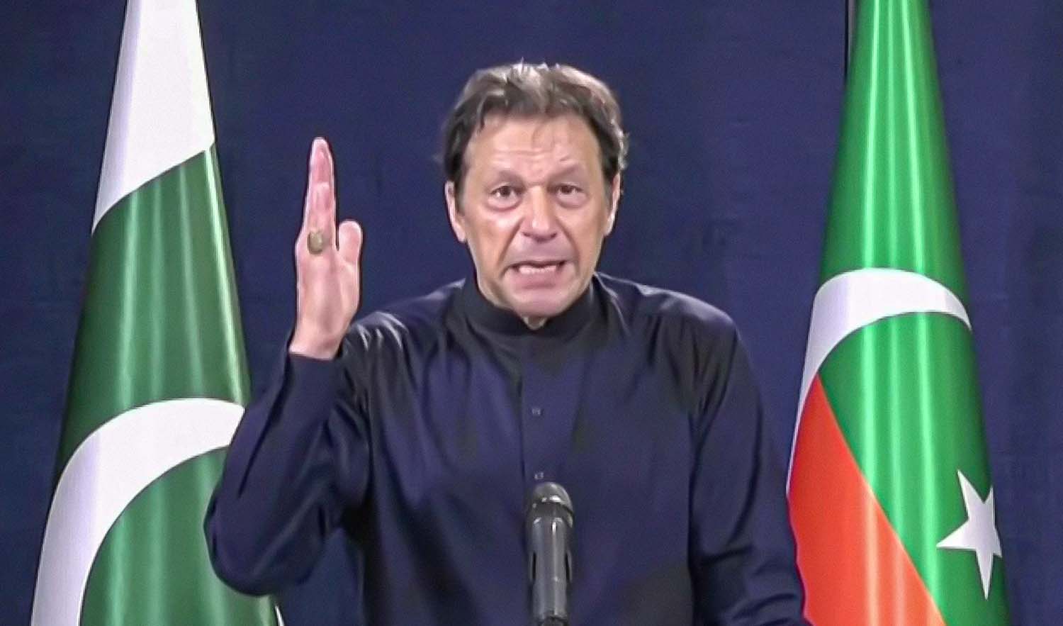 The screen grab shows Pakistan Tehreek-e-Insaf Chairman Imran Khan speaking to his supporters through a video link on August 4, 2022. (Photo courtesy: @PTIOfficial/Facebook)