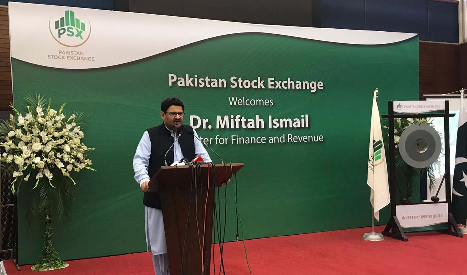 Miftah Ismail, Finance minister of Pakistan, is addressing at a ceremony at the Pakistan Stock Exchange (PSX) on August 5, 2022. (Photo courtesy: @MiftahIsmail/Twitter)