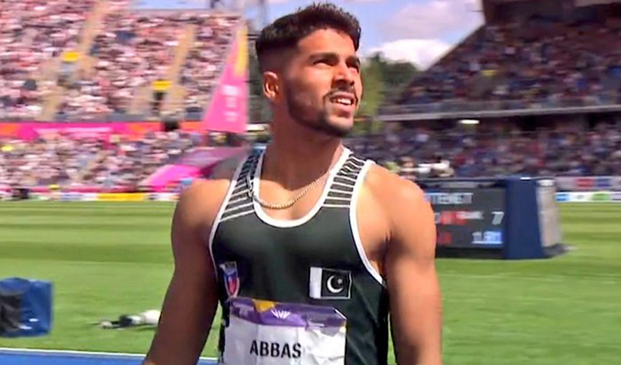 Pakistani athlete Shajjar Abbas pictured after men's 200meter race round 1 at Common Wealth Games 2022. (@shajarAwan786/Twitter)