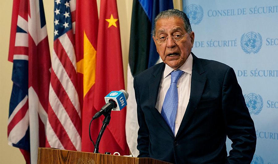Pakistan's ambassador to the United Nations Munir Akram speaks outside a UN security council meeting on August 16, 2021, at the United Nations in New York. (AFP/FILE)