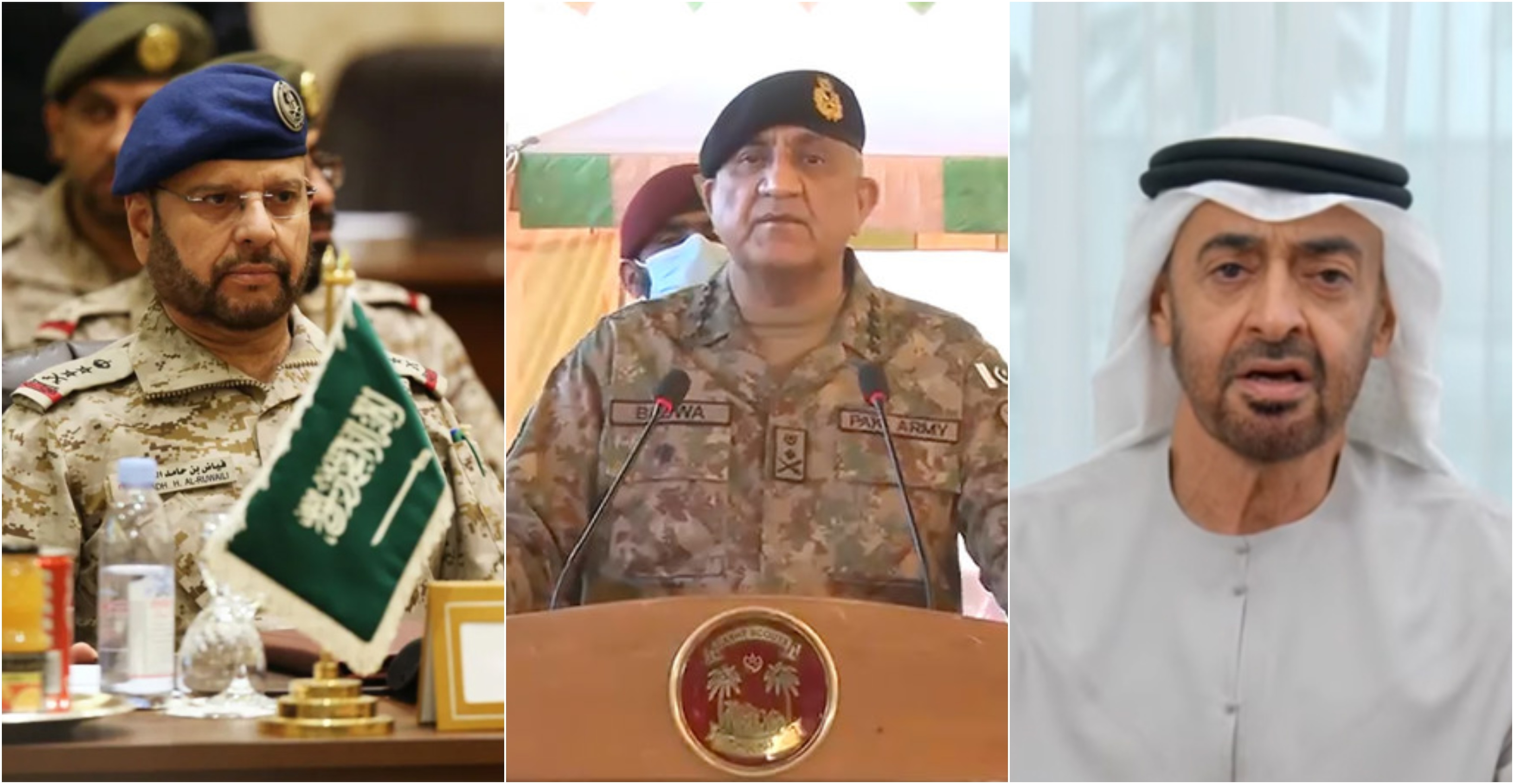 This combination of photos shows Saudi Army Chief General Fayyadh bin Hamed Al Ruwaili (L) Pakistan’s army chief General Qamar Javed Bajwa (C), and UAE President Sheikh Mohamed bin Zayed Al Nahyan. (AFP/ISPR/WAM)