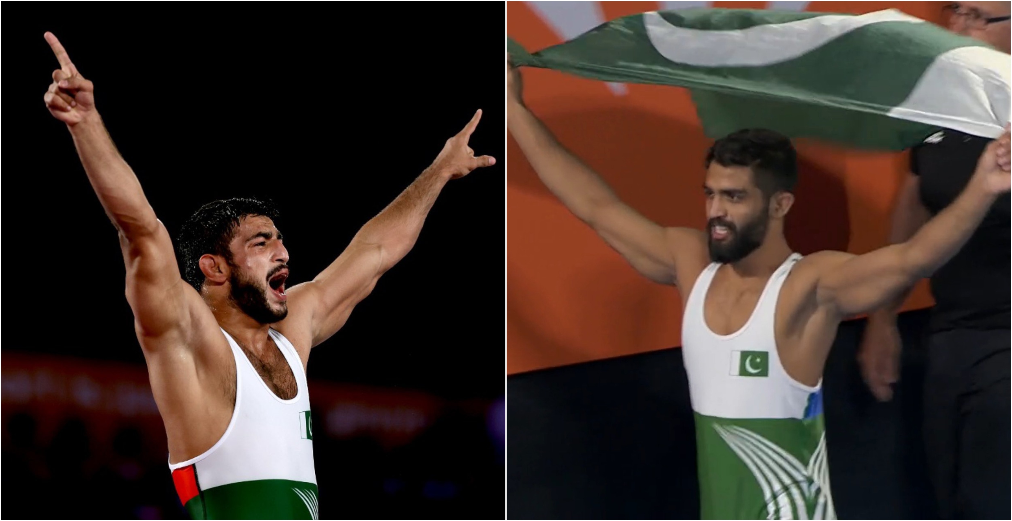 This combination of photos shows Pakistani wrestlers Mohammad Tahir Shareef (L) who won silver medal and Ali Asad who won bronze medal at Commonwealth Games 2022 on August 6, 2022. (Social media)