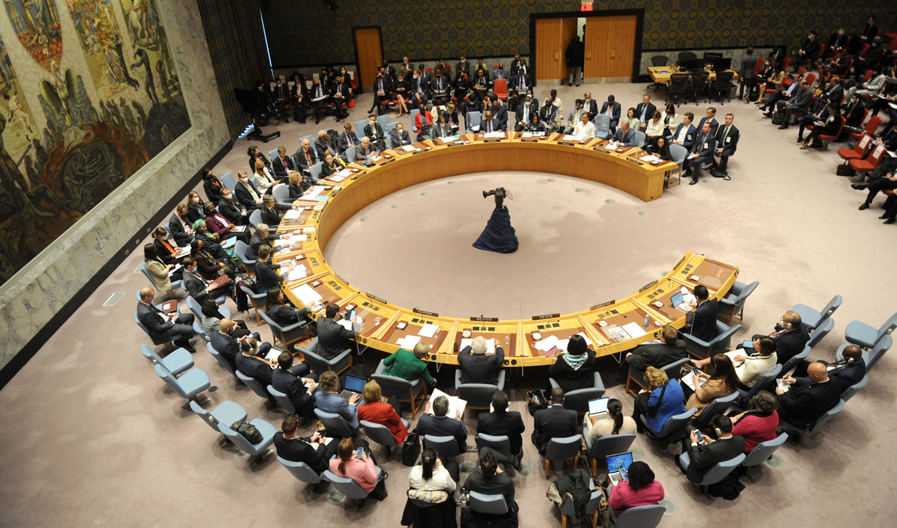 The UN Security Council ministerial debate over international peace and security, conflict and food security at UN headquarters in New York on May 19, 2022. (AFP/File)