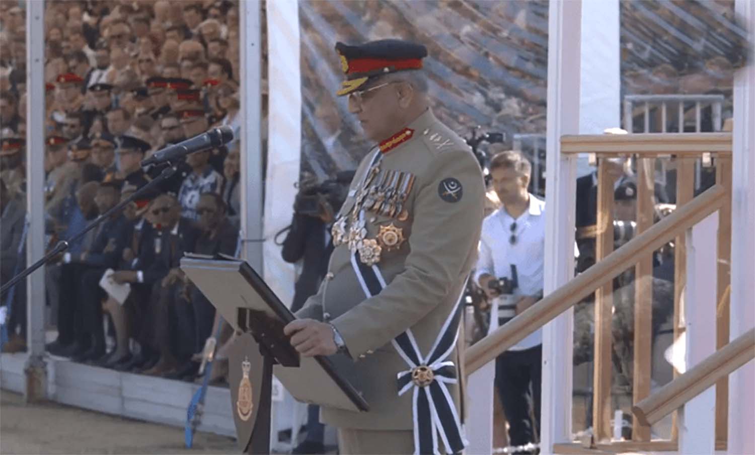 Pakistan's army chief General Qamar Javed Bajwa addresses a passing-out parade at the UK’s Royal Military Academy Sandhurst (RMAS) on August 12, 2022. (Photo courtesy: social media)