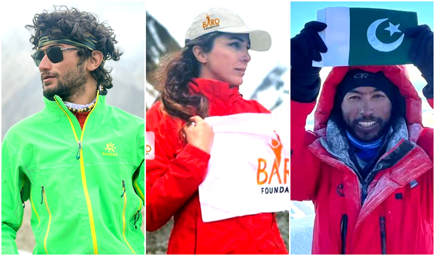 From left: Pakistani mountaineers Shehroze Kashif, Naila Kiani, and Sirbaz Khan. (@thebroadboy, @naila._.kiani, @/sirbazkhan_mission14/Instagram)