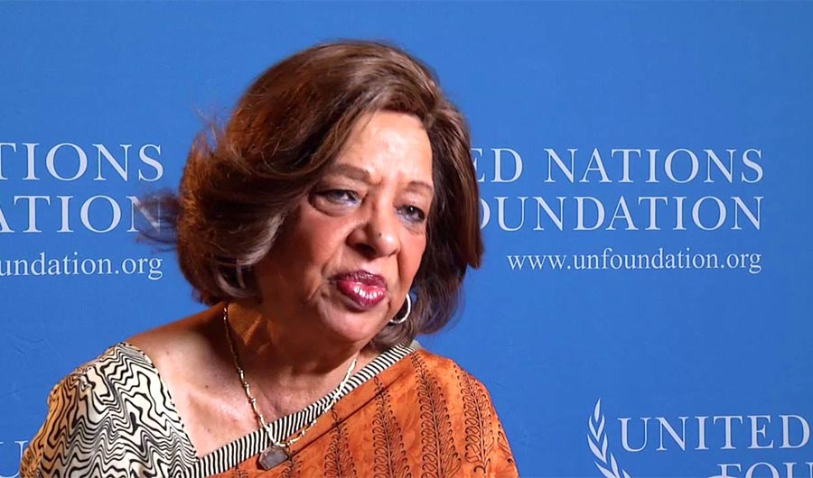 Nafis Sadik, a Pakistani doctor who championed women’s health and rights speaks in the United Nations video message for the young generation on 8 July 2013. (Screengrab from UN video/FILE)