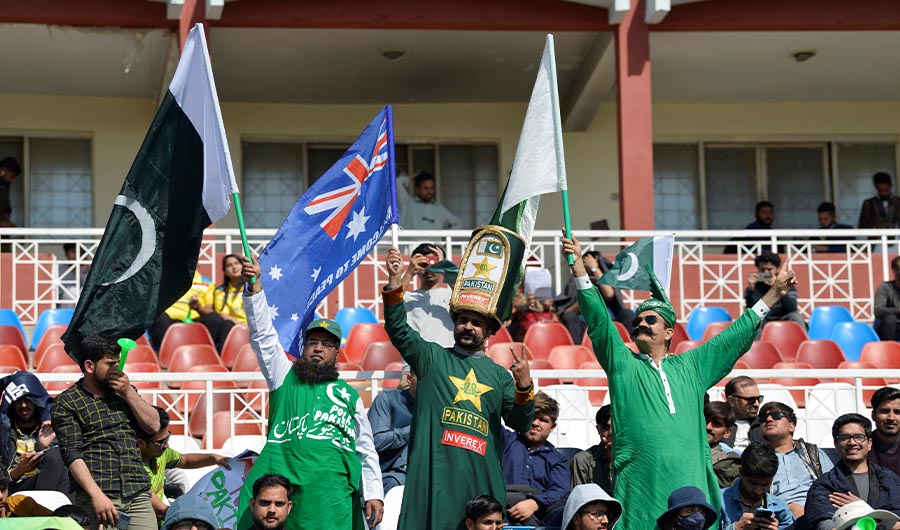 Fans cheer as they watch the first day play of the first Test cricket match between Pakistan and Australia at the Rawalpindi Cricket Stadium in Rawalpindi on March 4, 2022. (AFP/FILE)