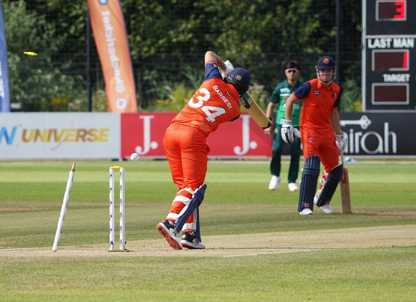 Netherlands' Wesley Barresi bowled by Pakistan's Naseem Shah during the second ODI cricket match between the two teams at Hazelaarweg in Rotterdam, Netherlands on August 18, 2022. (Photo courtesy: Pakistan Cricket Board)