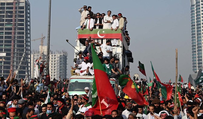 Ousted Pakistan's prime minister Imran Khan (C-top) leads a rally in Islamabad on May 26, 2022. (AFP/File)