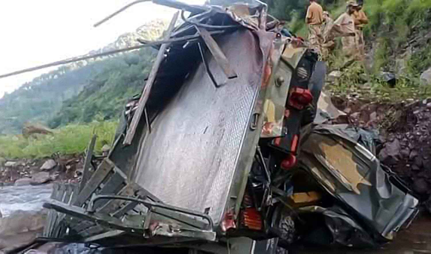 The photograph shows Pakistani military truck which was plunged into a ravine in Pakistan-administered Kashmir, killing nine soldiers, on August 21, 2022. (Photo courtesy: @Roohan_Ahmed/Twitter)