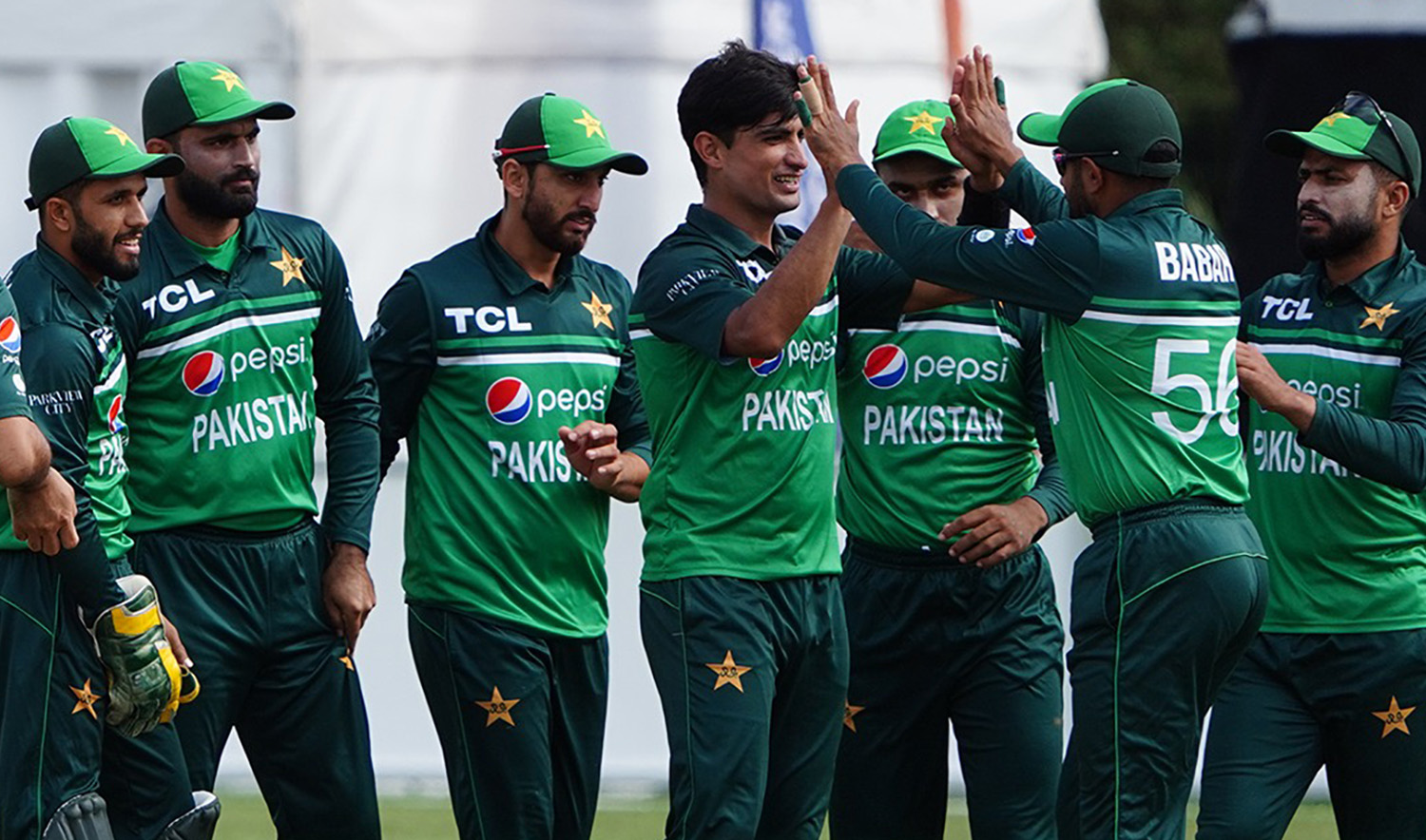 Pakistani bowler Naseem Shah along with his teammates celebrates his maiden ODI five-wicket haul against Netherlands in Rotterdam on August 21, 2022. (Photo courtesy: @TheRealPCB/Twitter)