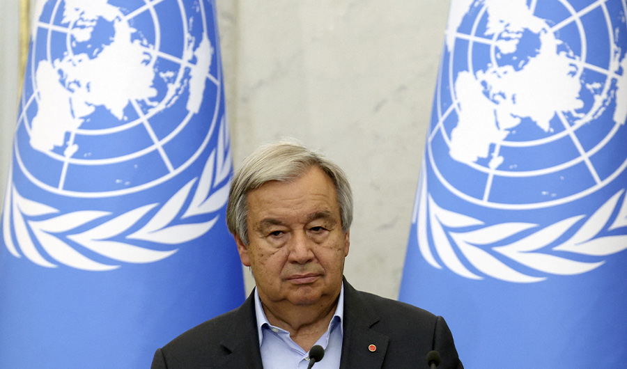 UN Secretary-General Antonio Guterres gives a press conference in Lviv on August 18, 2022. (AFP/FILE)