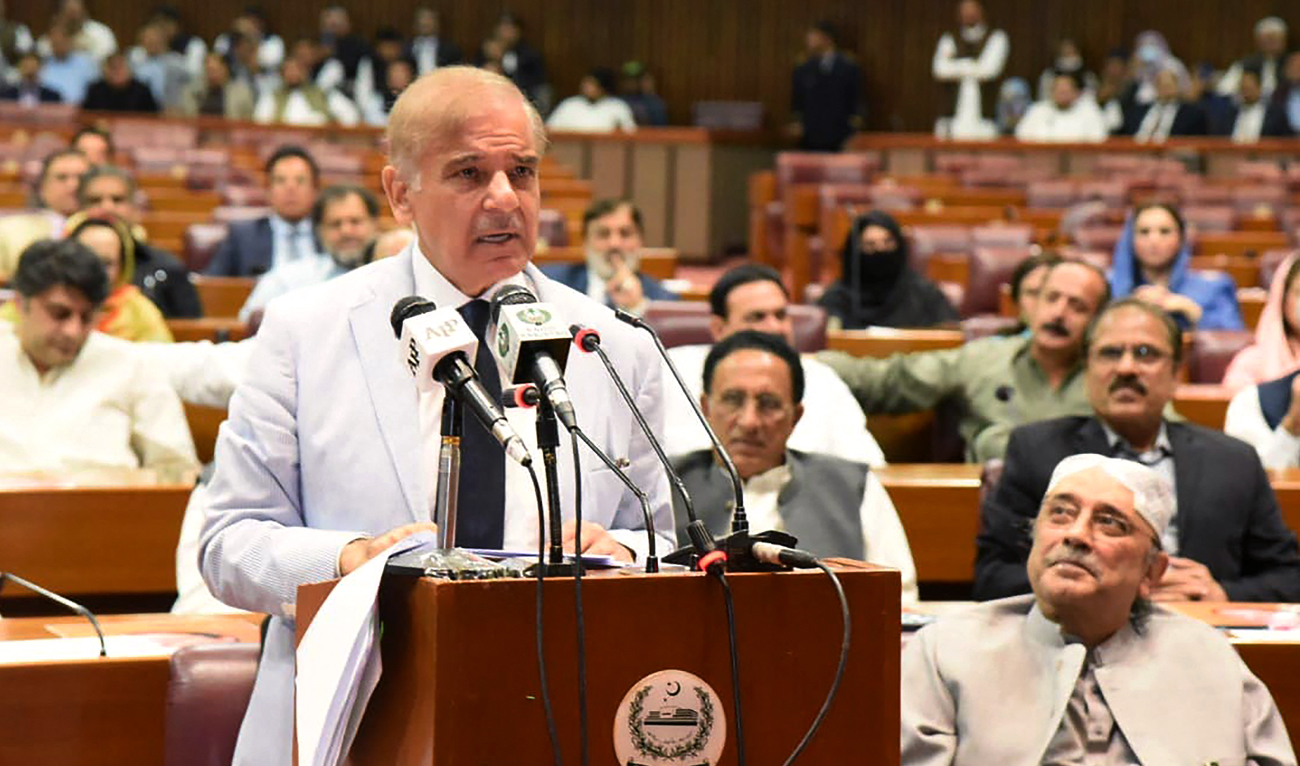 This handout photograph, released by Press Information Department on April 11, 2022, shows Pakistan's Prime Minister Shehbaz Sharif addressing National Assembly in Islamabad. (AFP/File)