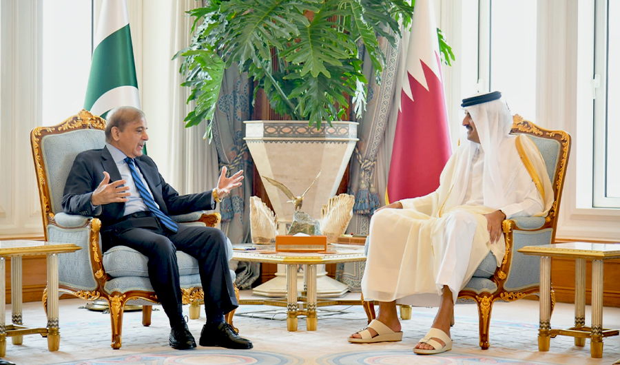 Pakistan PM Shehbaz Sharif (L) speaks with the Emir of Qatar Sheikh Tamim bin Hamad Al-Thani in Doha, Qatar on August 24, 2022. (PID)