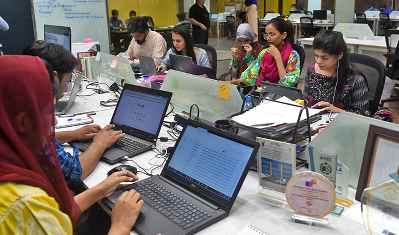 People work at their stations at an incubation centre in Lahore, Pakistan, on May 24, 2019. (AFP/File)