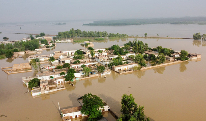 A general view of a flooded area after heavy monsoon rains is pictured from atop a bridge in Charsadda district in the Khyber Pakhtunkhwa province of Pakistan on August 27, 2022. (AFP)
