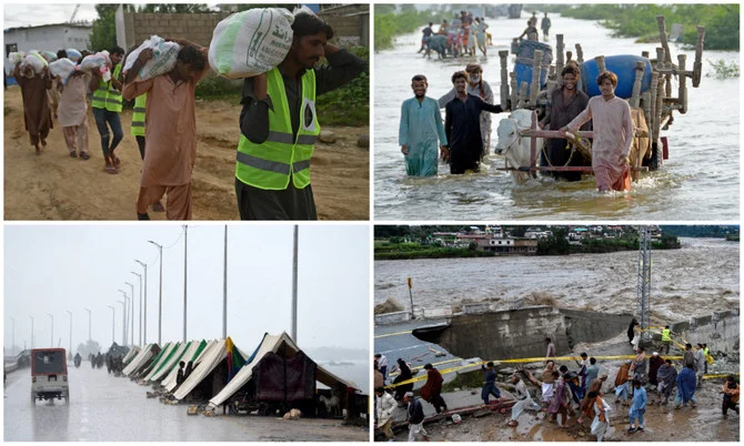 This combination photograph created on August 30, 2022 shows (clockwise from top L) devastation caused by monsoon rains in Pakistan's Karachi-Sindh, Jaffarabad-Balochistan, Sukkur-Sindh, Swat-Khyber Pakhtunkhwa. (AFP)