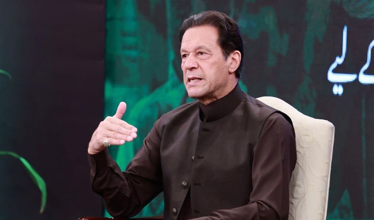 Pakistan's former prime minister and Pakistan Tehreek-e-Insaf chairperson Imran Khan gestures during the live telethon on August 29, 2022 to raise funds for victims of devastating rains and floods in the country. (PTI)