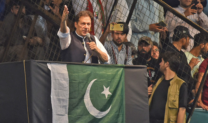 Pakistan's former Prime Minister, Imran Khan, delivers a speech to his supporters during a rally celebrate the 75th anniversary of Pakistan's independence day in Lahore, Pakistan, on August 13, 2022. (AFP/File)