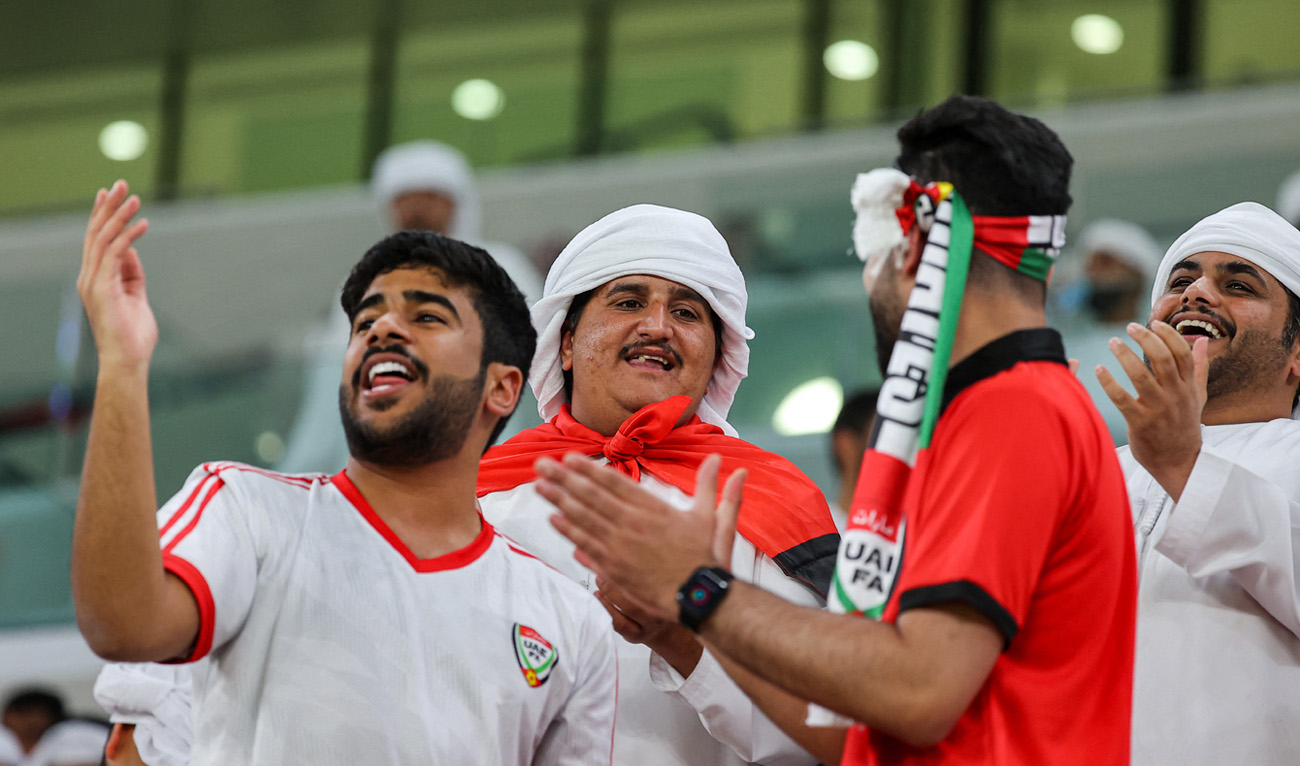 UAE fans cheer ahead of the FIFA World Cup 2022 play-off qualifier football match between UAE and Australia at Ahmad bin Ali stadium in Qatar's Ar-Rayyan city on June 7, 2022. (AFP/File)