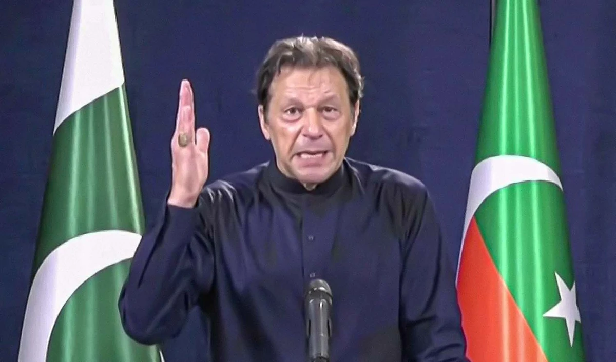 The screen grab shows Pakistan Tehreek-e-Insaf Chairman Imran Khan speaking to his supporters through a video link on August 4, 2022. (Photo courtesy: @PTIOfficial/Facebook)