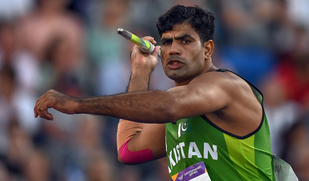 Pakistan's Arshad Nadeem competes in the men's javelin throw final athletics event at the Alexander Stadium, in Birmingham on day ten of the Commonwealth Games in Birmingham, England, on August 7, 2022. (AFP)