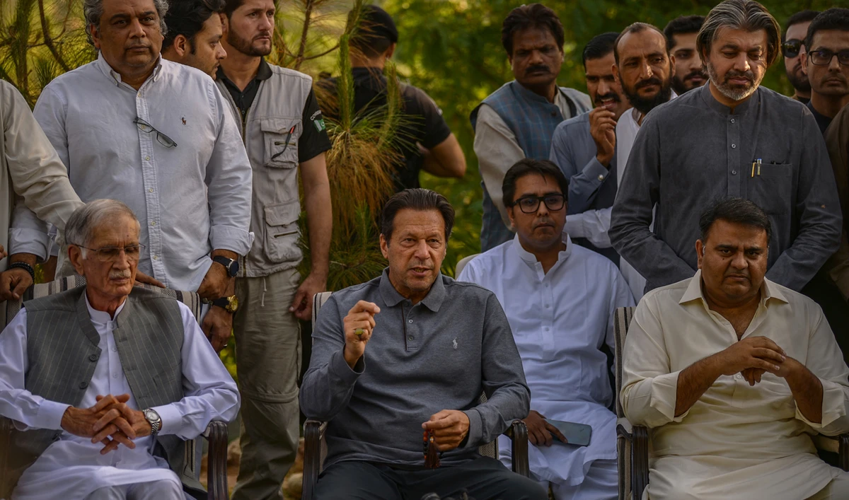 Pakistan's former prime minister Imran Khan (C) gestures during a press conference in Islamabad on April 23, 2022. (AFP/File)