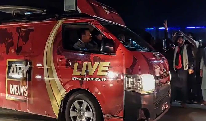 The screen grab taken from a video shared on ARY News' social media shows the news channel's DSNG van. (Photo courtesy: @arynewsofficial/Twitter)