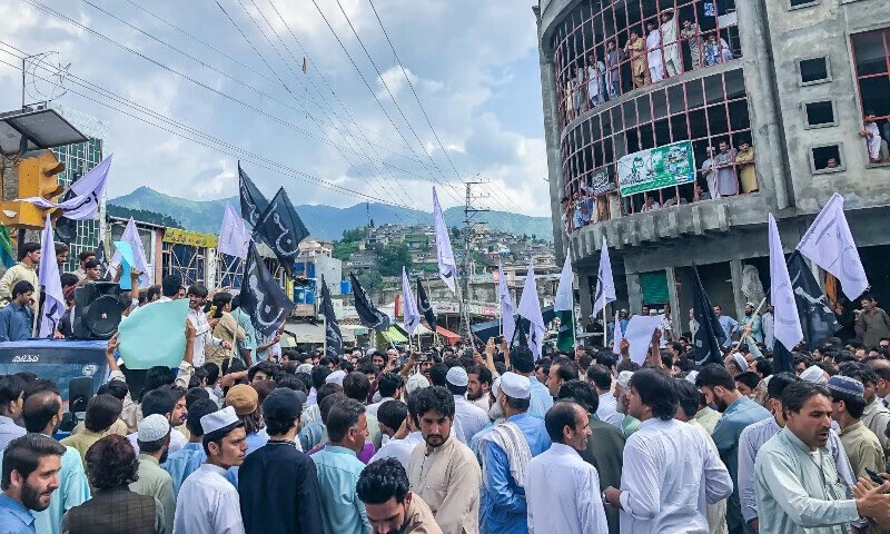 Residents of Swat Valley in Pakistan's Khyber Pakhtunkhwa province protest after reports of Pakistani Taliban militants’ presence in the area, on August 12, 2022. (Photo courtesy: Social media)