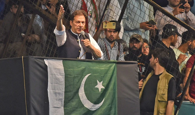 Pakistan's former Prime Minister, Imran Khan, delivers a speech to his supporters during a rally celebrate the 75th anniversary of Pakistan's independence day in Lahore, Pakistan, on August 13, 2022. (AFP/File)