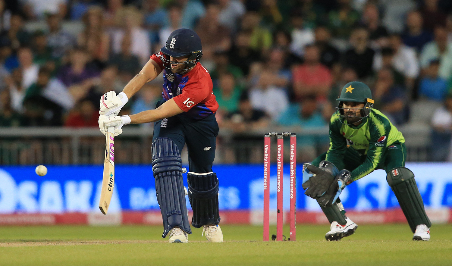 England's Dawid Malan bats during the third T20 international cricket match between England and Pakistan at Old Trafford Cricket Ground in Manchester, northwest England, on July 20, 2021. (AFP/File)