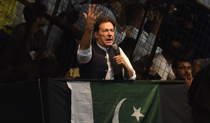Pakistan's former Prime Minister Imran Khan delivers speech to his supporters during a rally in Lahore on August 13, 2022. (AFP/FILE)
