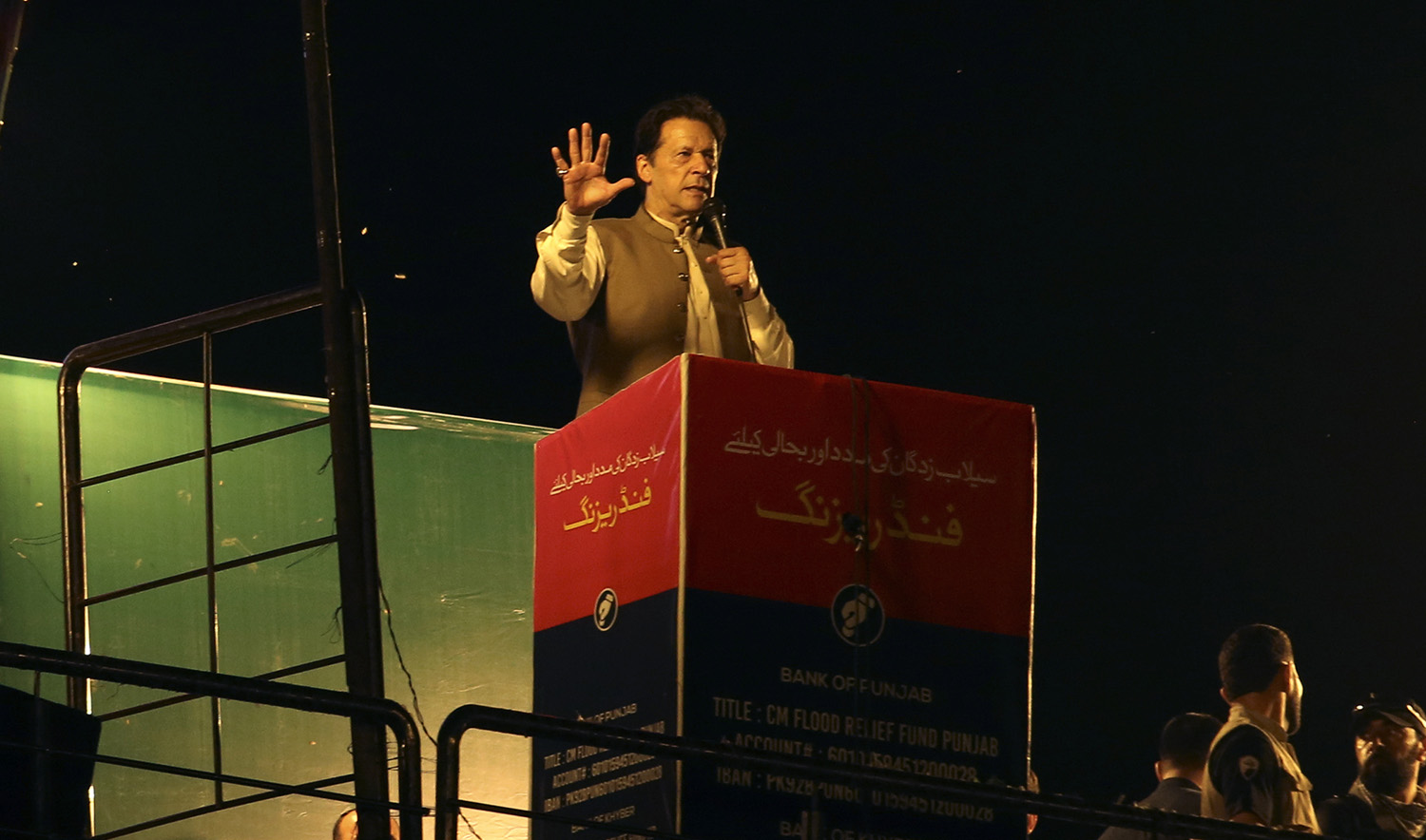 Pakistani opposition leader Imran Khan, center, addresses his party supporters during a rally in Peshawar, Pakistan, on September 6, 2022. (AP)