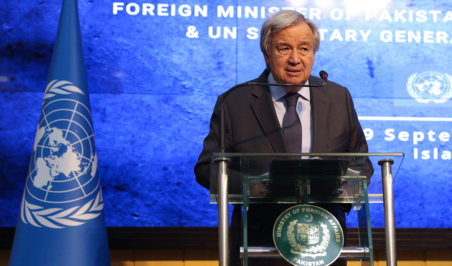 United Nations Secretary General Antonio Guterres speaks during a joint press conference with Pakistani Foreign Minister Bilawal Bhutto Zardari (not pictured) at the Foreign ministry in Islamabad on September 9, 2022. (AFP)