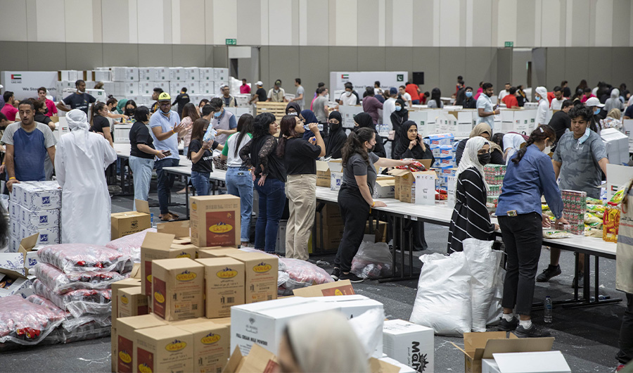 More than 350 volunteers come together to pack 30,000 relief kits for flood-hit Pakistan at the Expo City Dubai in Dubai, United Arab Emirates on September 10, 2022. (AN Photos: Courtesy Dubai Cares)