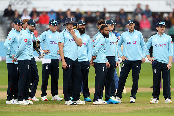 England players stand during the third one-day international (ODI) between England and Sri Lanka at Bristol County Ground in England on July 4, 2021. (AFP/FILE)