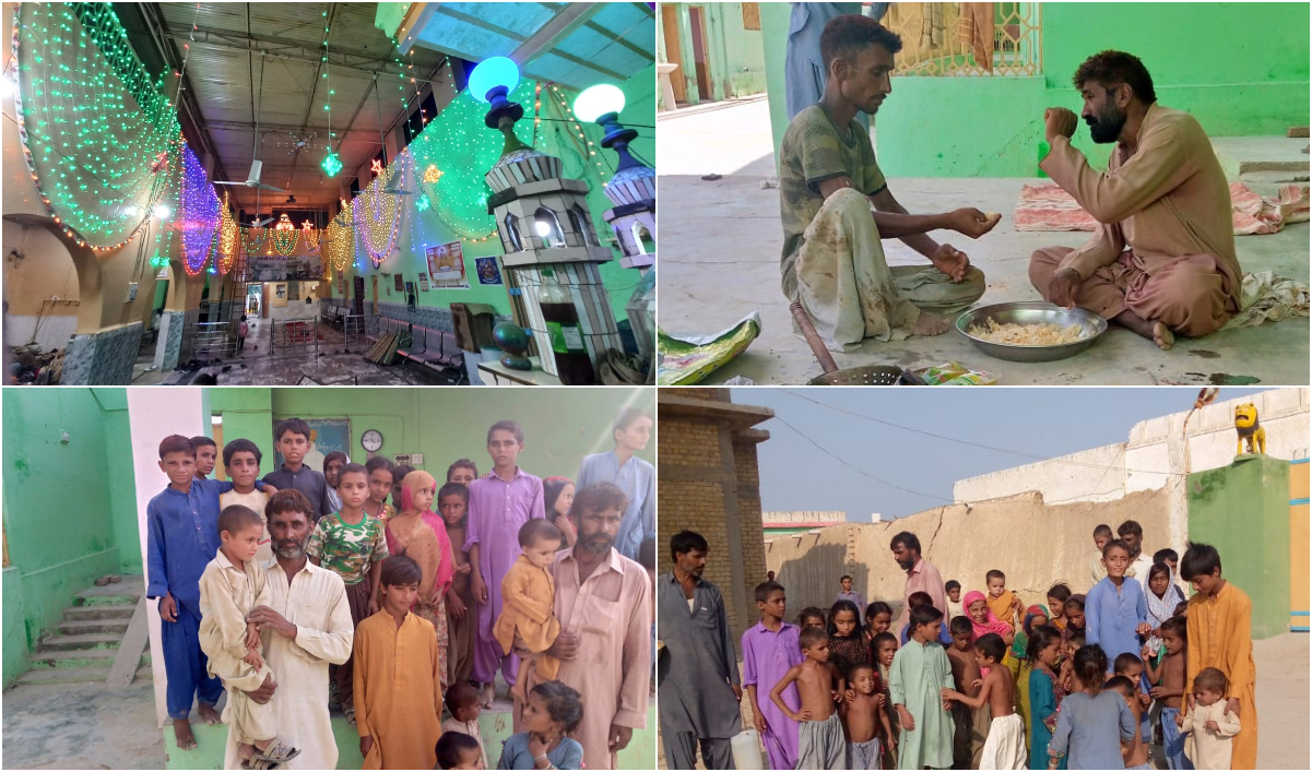 The combination of photos shows people affected by floods taking shelter at the Baba Madho Das temple in Kachi district of Pakistan's Balochistan province on September 15, 2022. (Photo courtesy: Nand Lal)