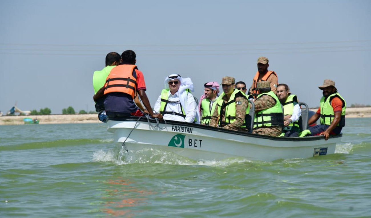 Saudi Arabia's Ambassador Nawaf bin Said Al-Malki visited flood-hit areas in Pakistan's southern Sindh province to observe flood devastation on September 15, 2022. (Twitter/AmbassadorNawaf)