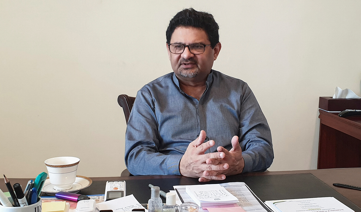 Miftah Ismail, Pakistan's Federal Minister for Finance and Revenue, speaks during an interview with Reuters in Islamabad, Pakistan, on September 18, 2022. (REUTERS)